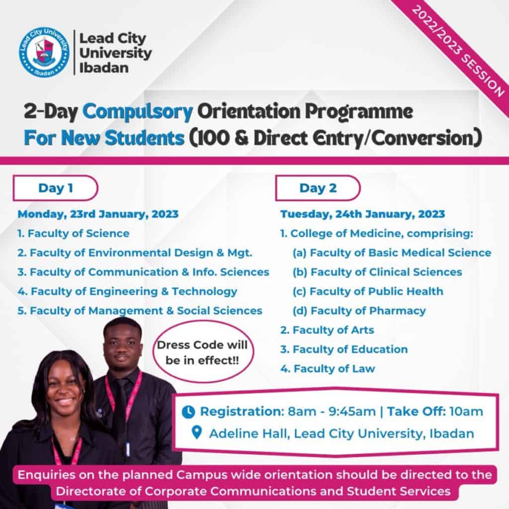 Lead City University Freshers Orientation Programme 2022/2023