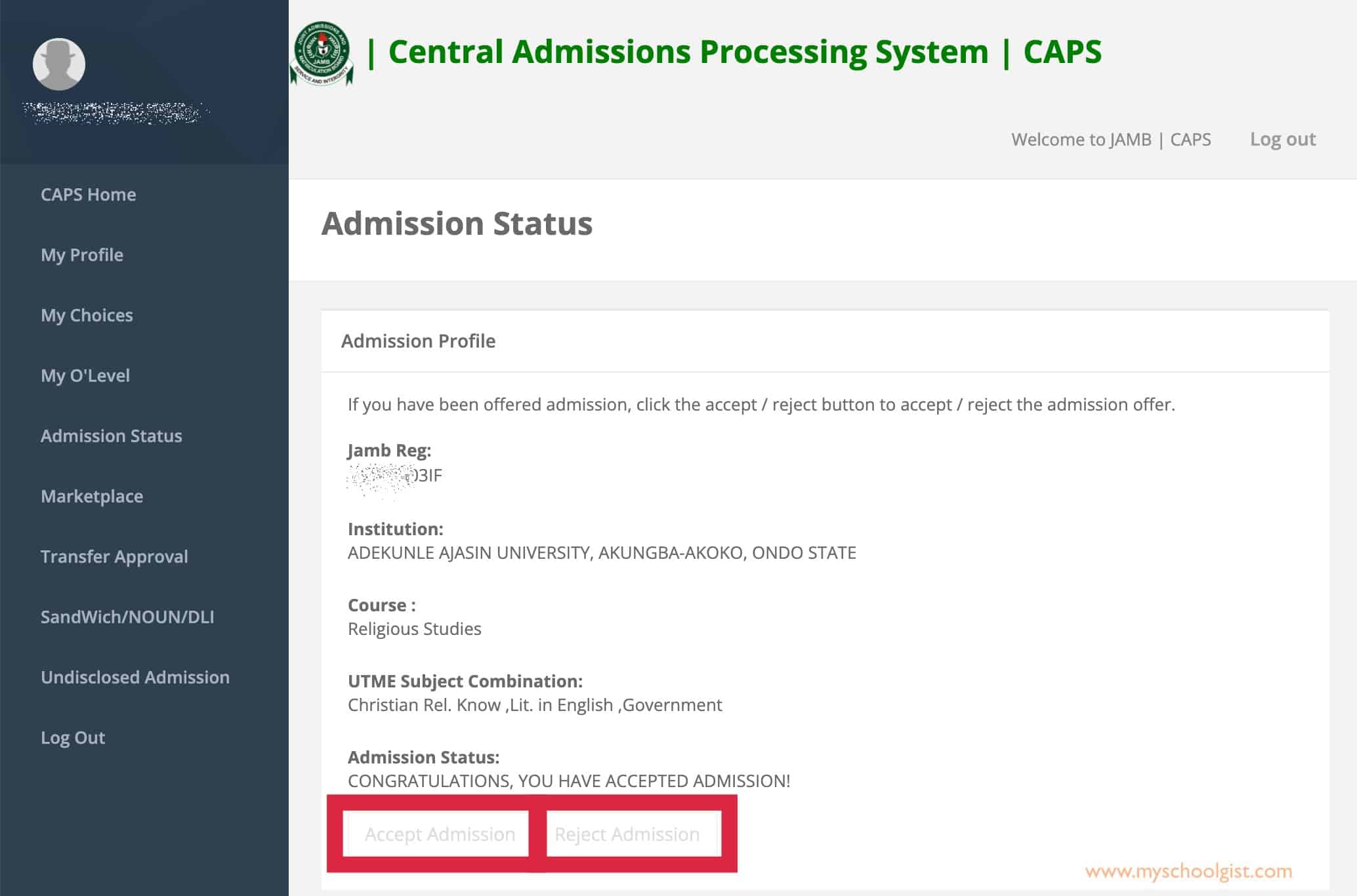 JAMB CAPS Admission Profile