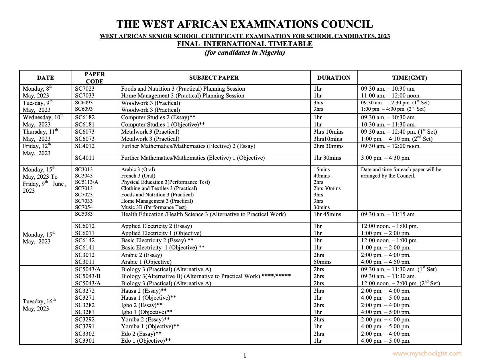 WAEC Timetable 2023 Final 1 