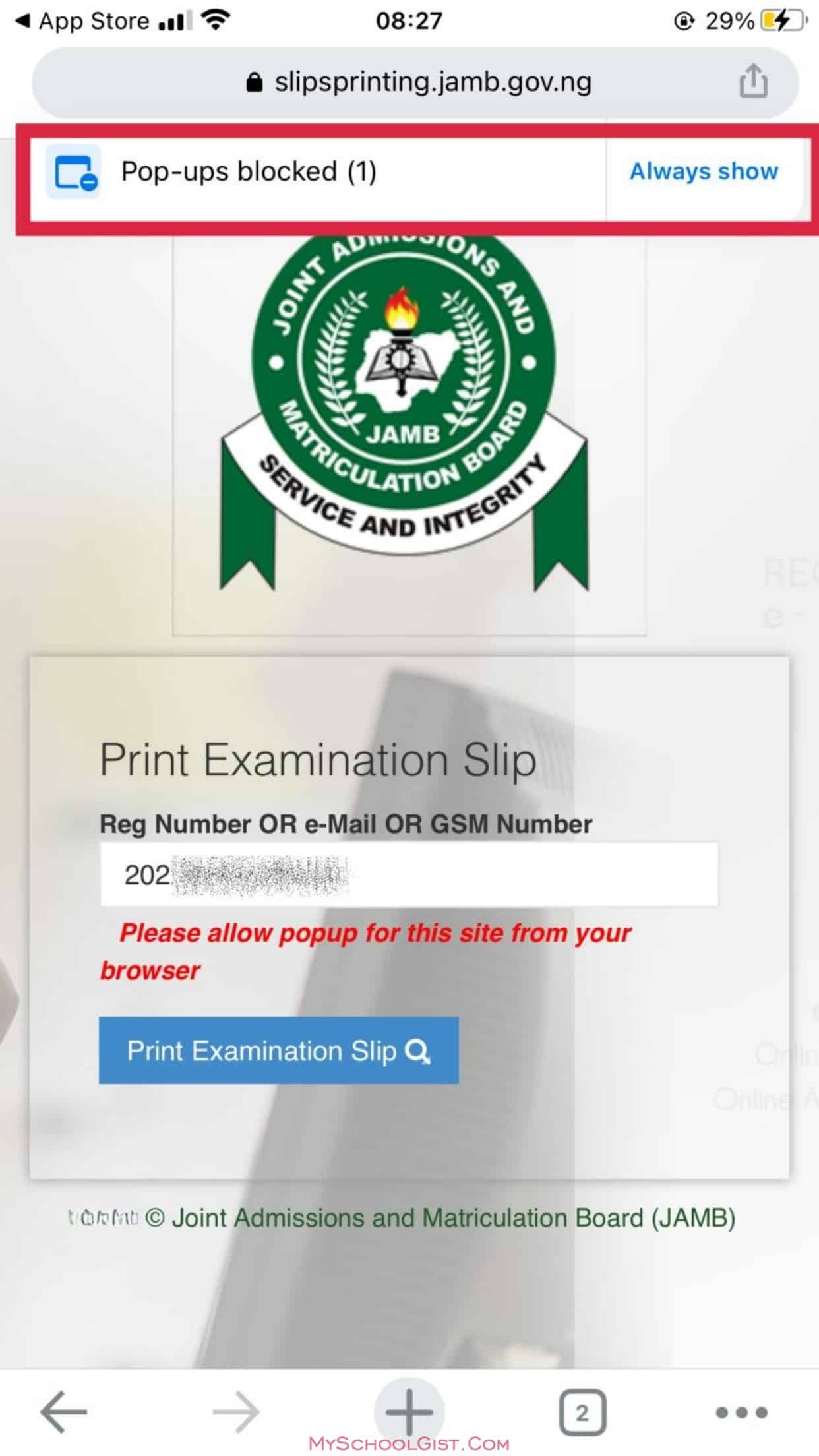 allow pop-ups for jamb slip reprinting