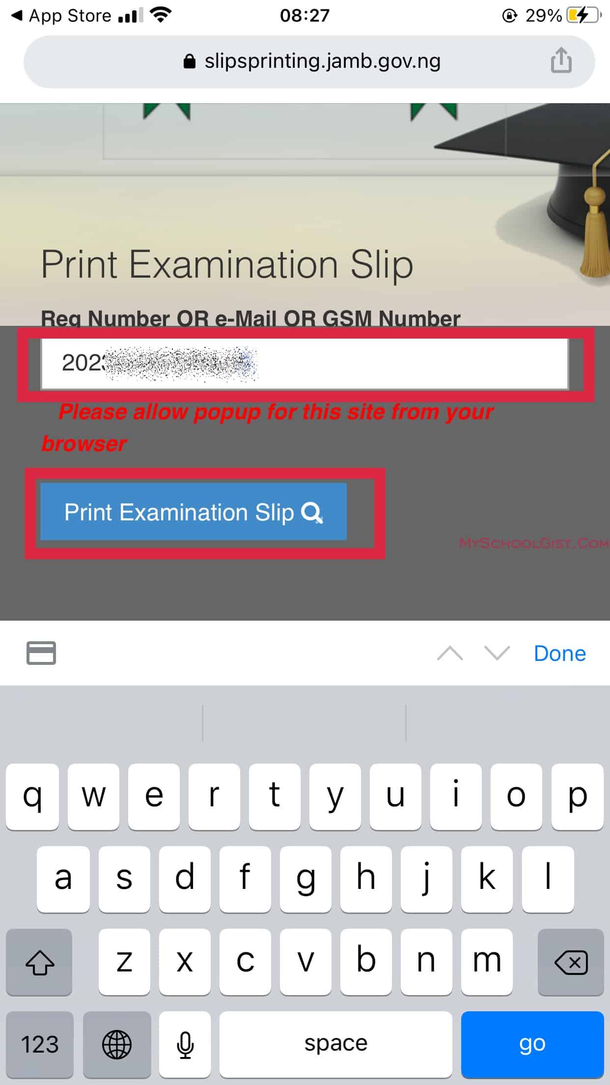 print JAMB examination slip