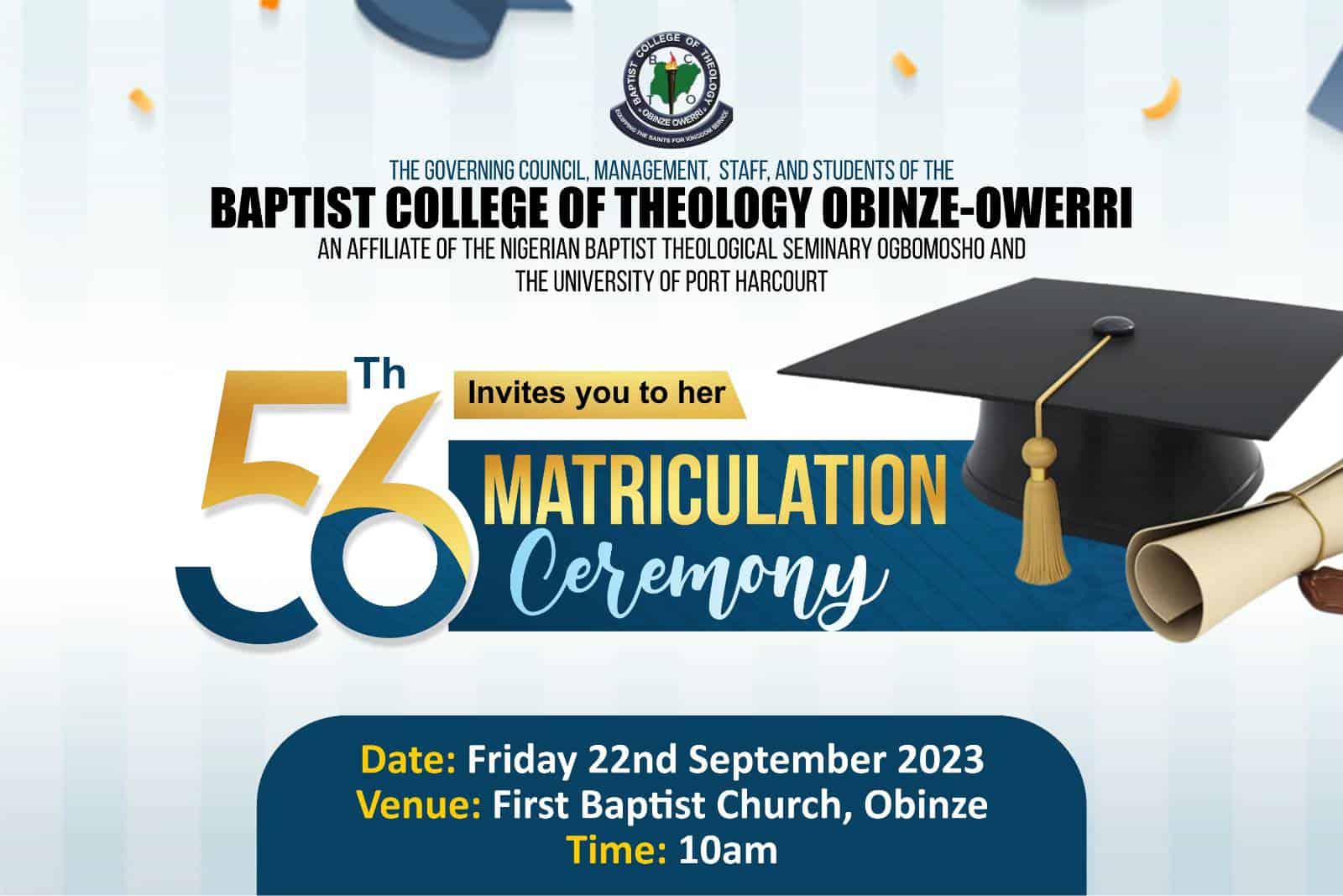 Baptist College of Theology Obinze 56th Matriculation Ceremony