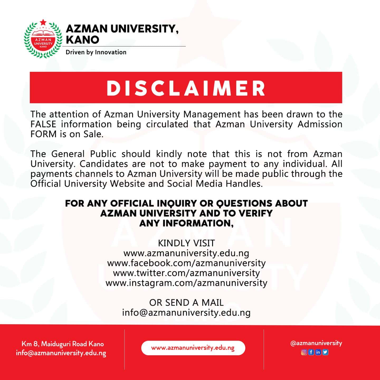 Azman University, Kano Dislaimer 2023
