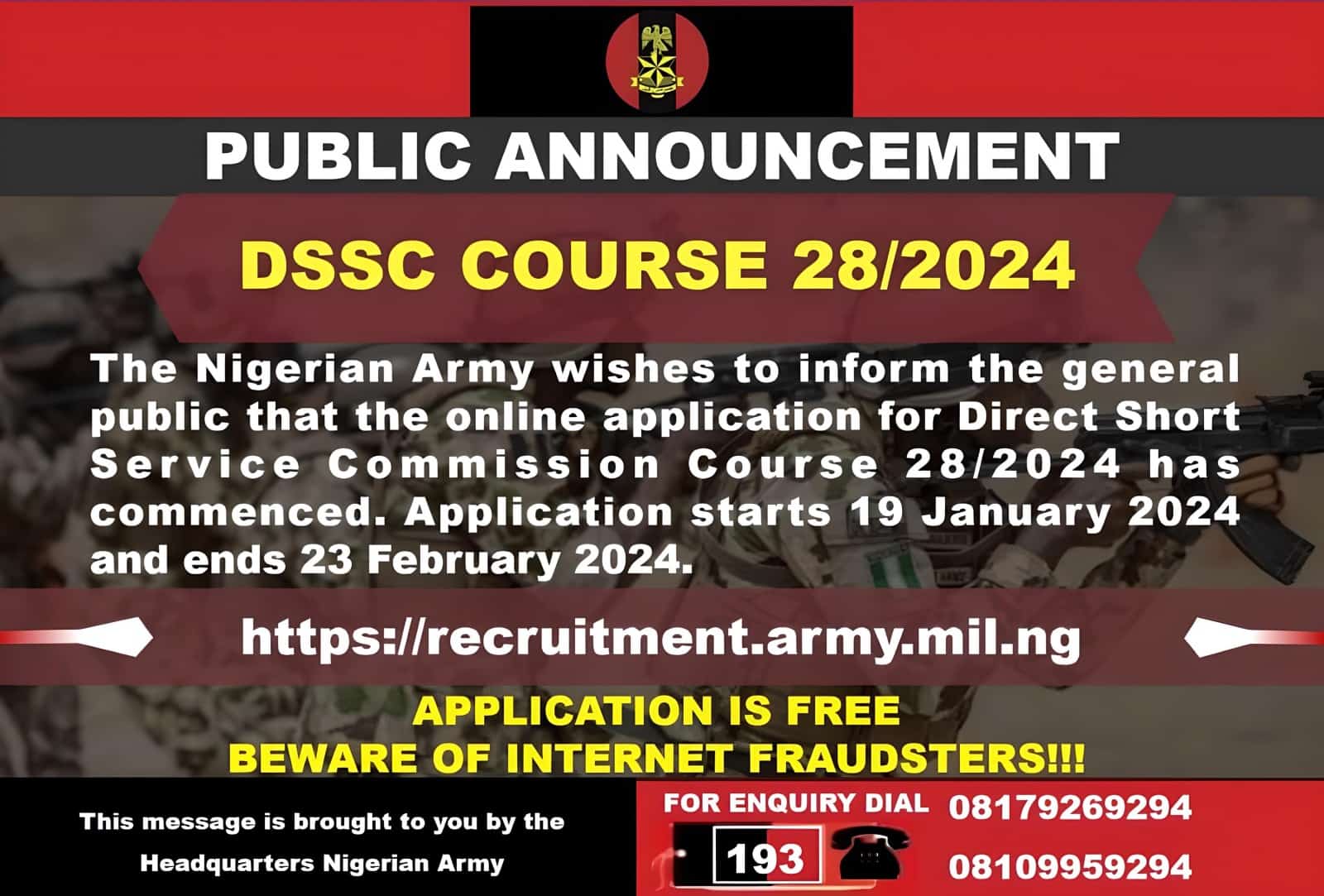 Nigerian Army Direct Short Service Commission (DSSC) Recruitment