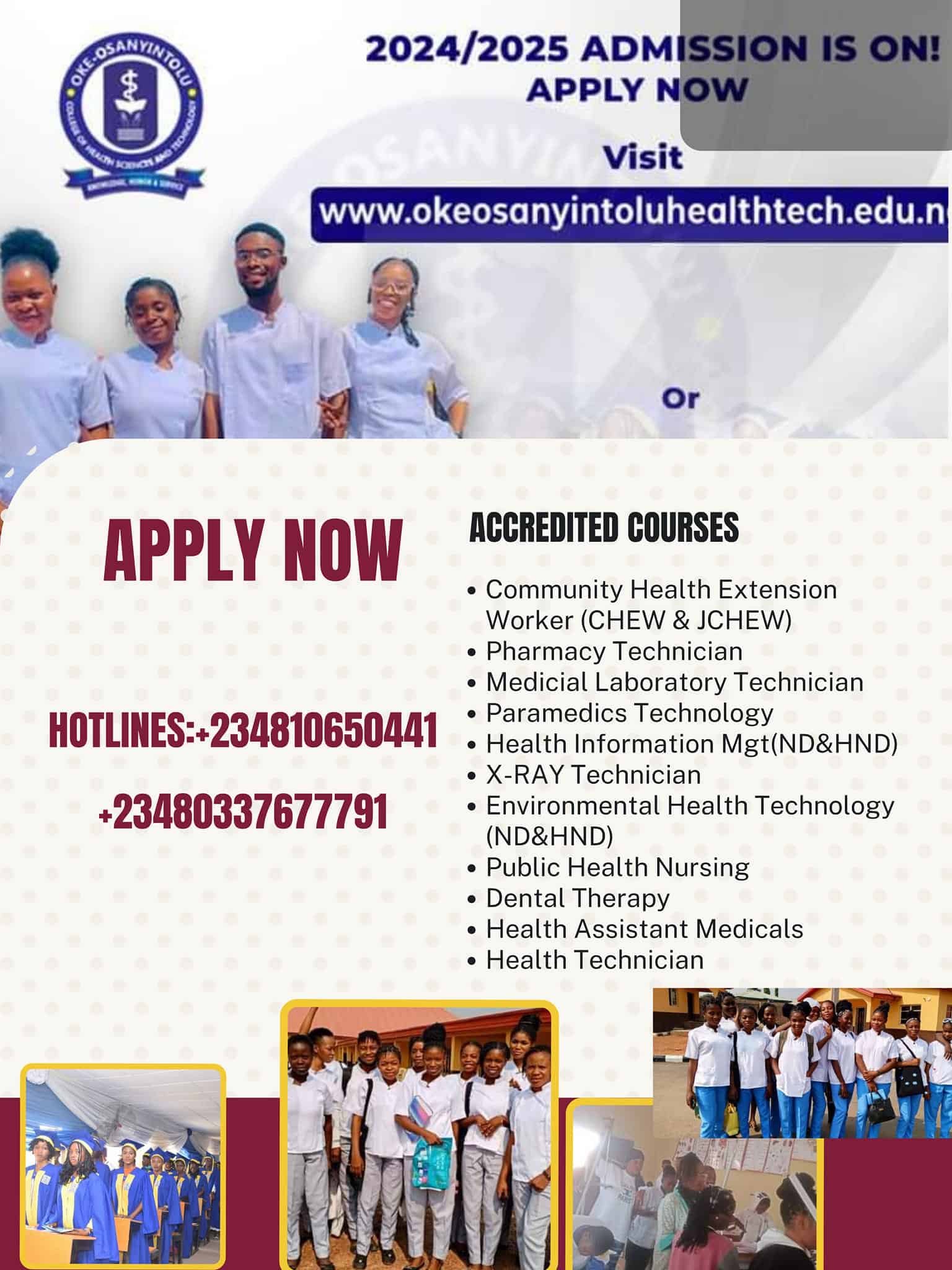 Oke-osanyintolu College of Health Sciences and Technology Admission Form